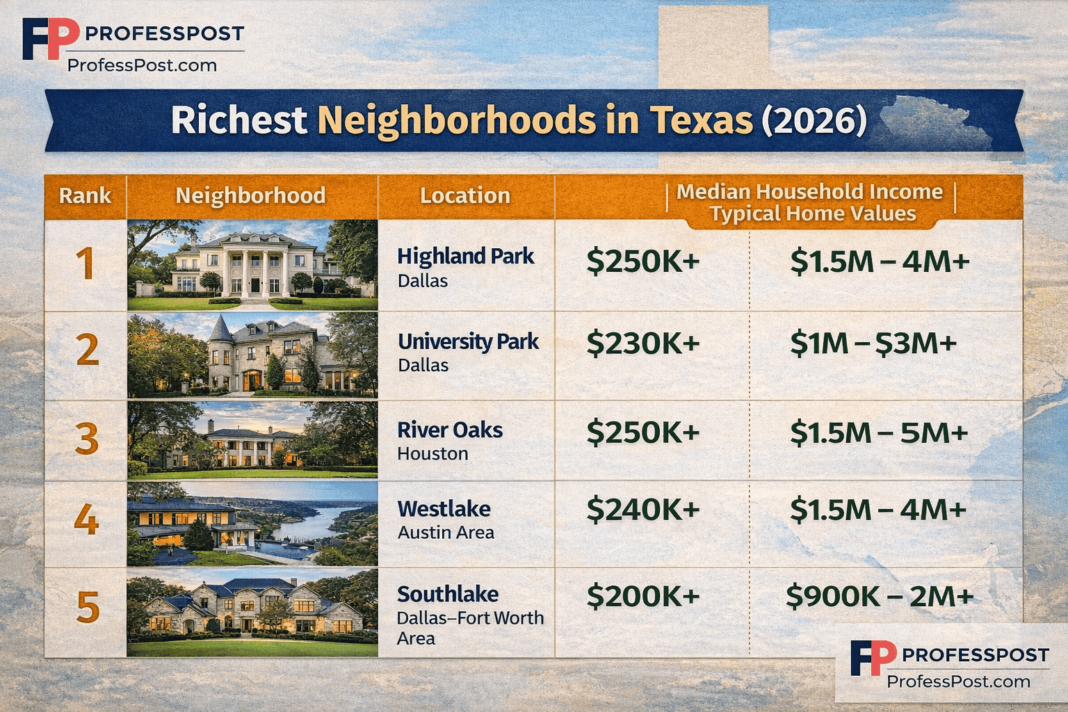 Wealth concentration map of the richest neighborhoods in Texas including Highland Park, River Oaks, and Westlake (2026)