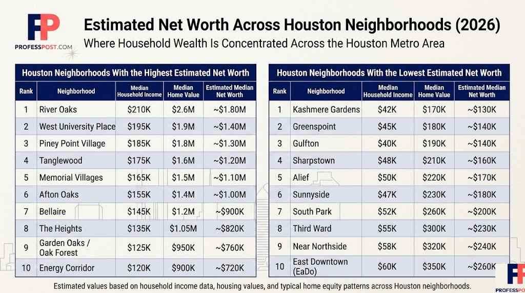 Chart showing estimated household net worth across Houston neighborhoods in 2026, comparing the wealthiest areas like River Oaks and West University Place with lower-wealth neighborhoods such as Greenspoint and Gulfton.