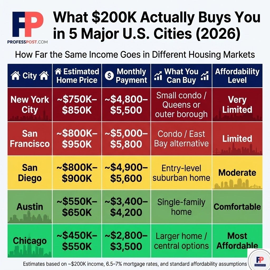 comparison of what a 200k salary can afford in New York San Francisco San Diego Austin and Chicago housing markets 2026