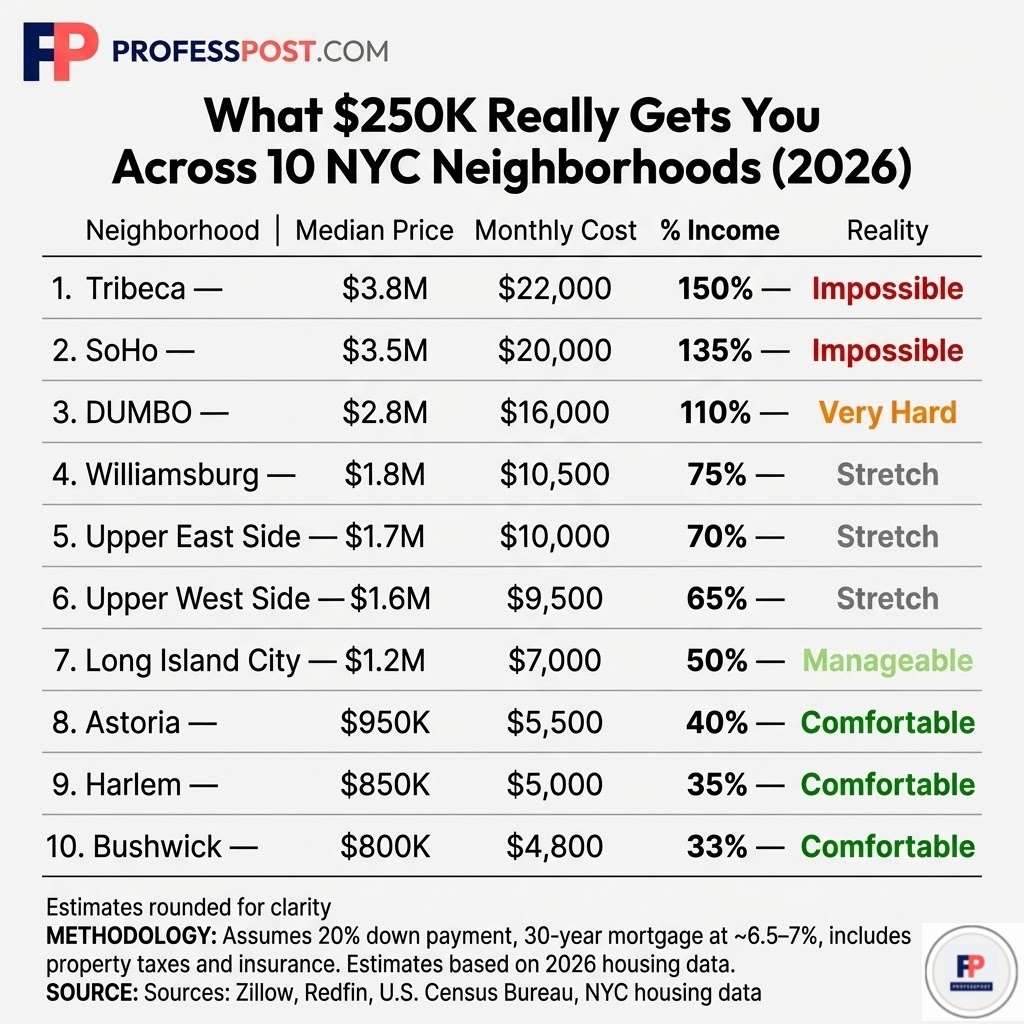 Table showing what a $250K salary gets you across 10 NYC neighborhoods, including housing costs and income share percentages in 2026