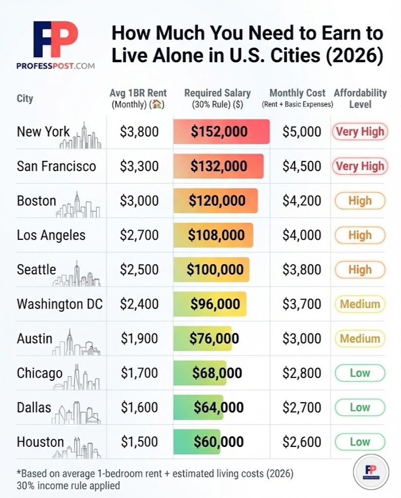 Salary needed to live alone in US cities 2026 chart comparison
