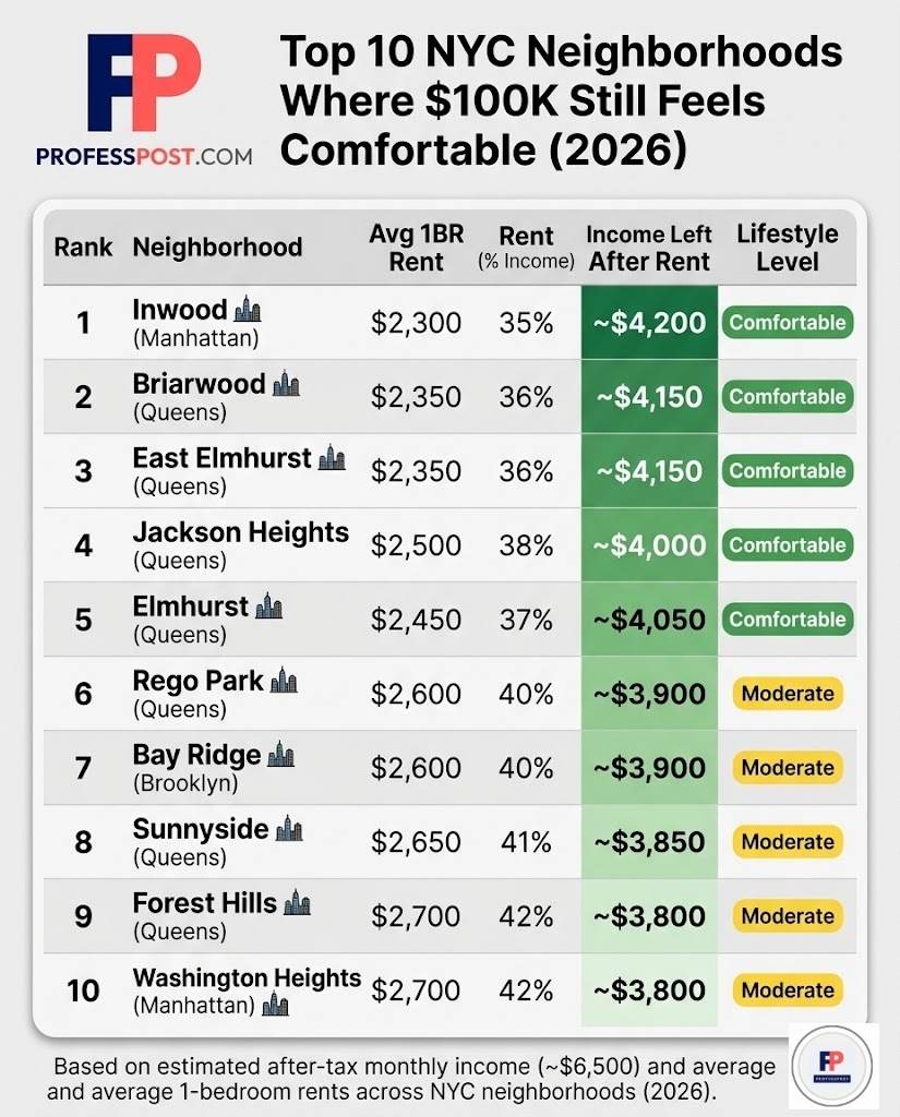 $100K salary in NYC by neighborhood showing rent percentage and remaining income across affordable areas in 2026