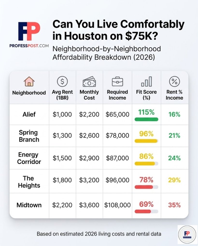 Houston neighborhood affordability comparison for a $75K salary showing rent, monthly costs, and income fit scores in 2026
