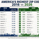 America’s richest ZIP codes in 2026 compared with 2016, showing estimated median household net worth rankings for elite U.S. areas including Atherton, Fisher Island, Newport Coast, Tribeca, and Beverly Hills.