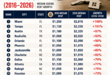U.S. cities ranked by median rent growth between 2016 and 2026
