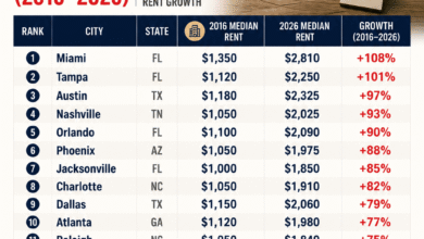U.S. cities ranked by median rent growth between 2016 and 2026