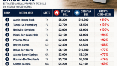 Infographic showing estimated property tax bill growth across America's 20 biggest metro areas between 2016 and 2026