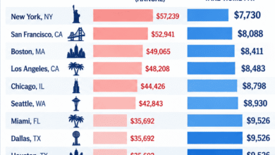 Estimated monthly take-home pay on a $150,000 salary after federal, state and local income taxes in major U.S. cities in 2026.