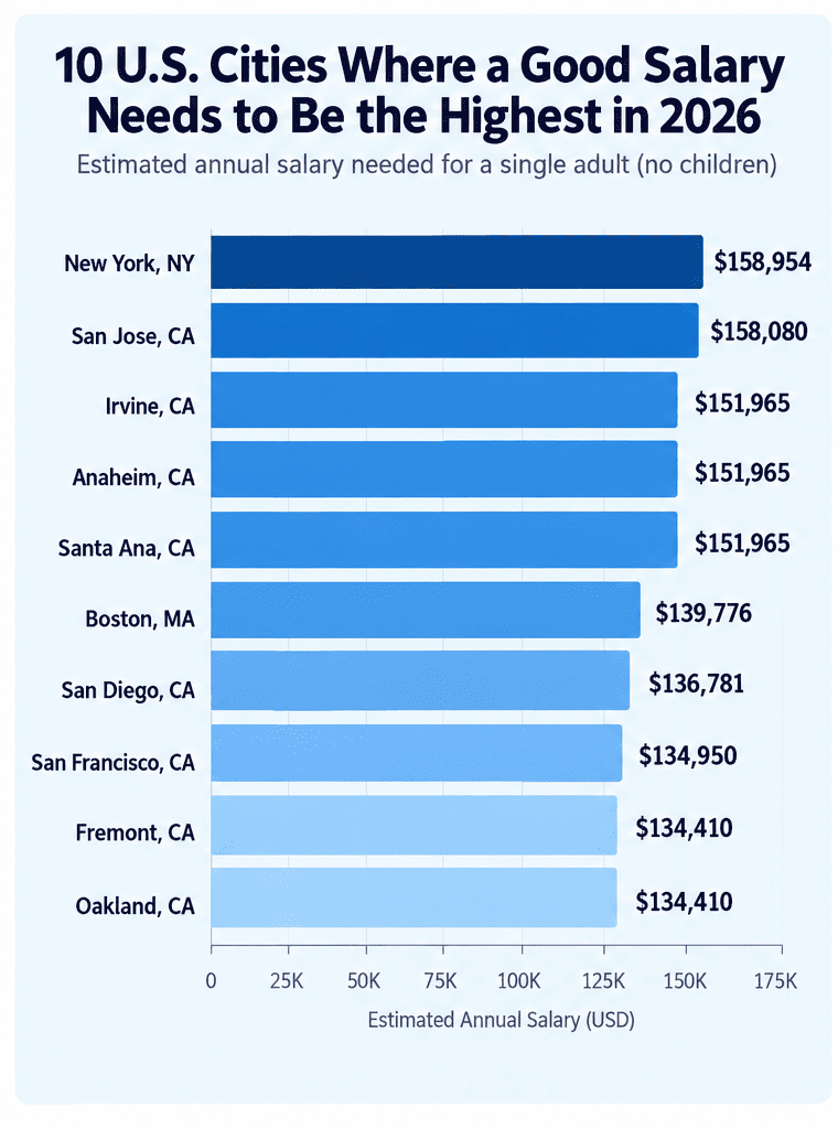 10 U.S. cities with the highest estimated salary needed for a single adult in 2026, led by New York and San Jose