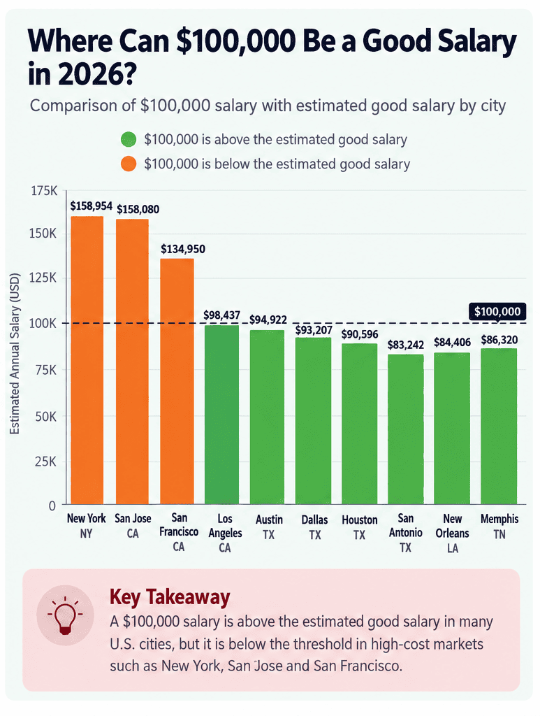 Comparison of a $100,000 salary with estimated good salary levels in major U.S. cities in 2026